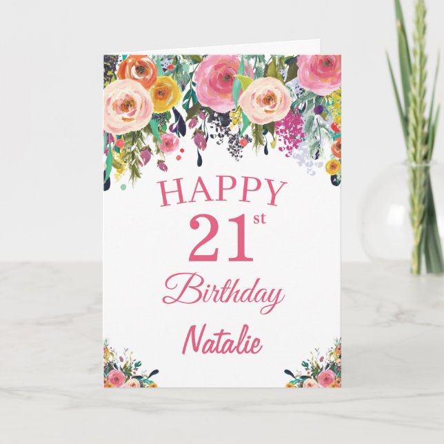 21 cumpleaños acuarela Flores florales tarjeta ros (Anverso)