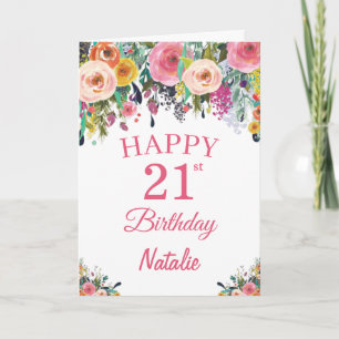 21 cumpleaños acuarela Flores florales tarjeta ros