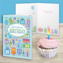 21° cumpleaños Iconos Pastel Brillantes En Tarjeta