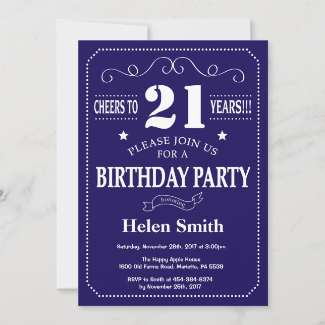 21 cumpleaños Invitación Marina Azul y Blanco (Anverso)