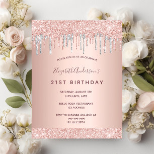 21 cumpleaños rosa purpurina invitación de plata r