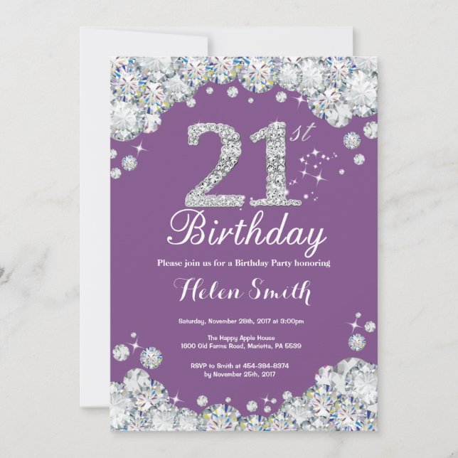 21 Invitación de cumpleaños Diamante morado y plat (Anverso)