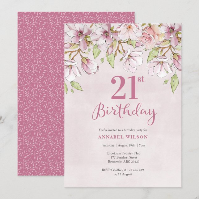 21 Invitación de cumpleaños Floral rosa (Anverso / Reverso)