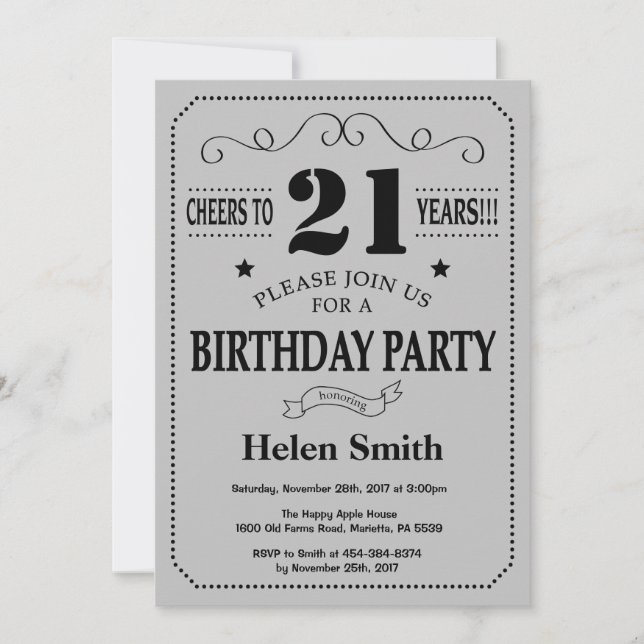 21 Invitación de cumpleaños Gris negro y plateado (Anverso)