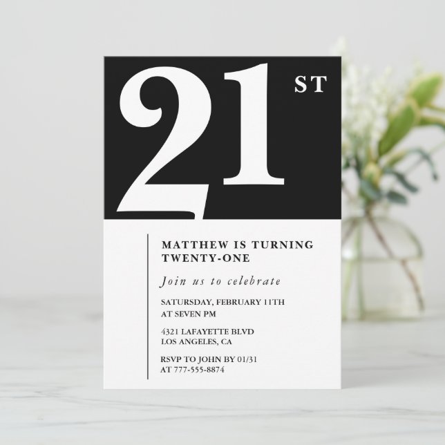 21 invitaciones de cumpleaños Black White Elegant (Anverso de pie)