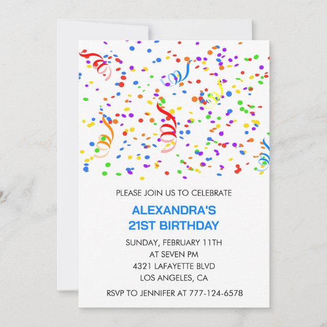 21 invitaciones de cumpleaños Blue Confetti Rainbo (Anverso)