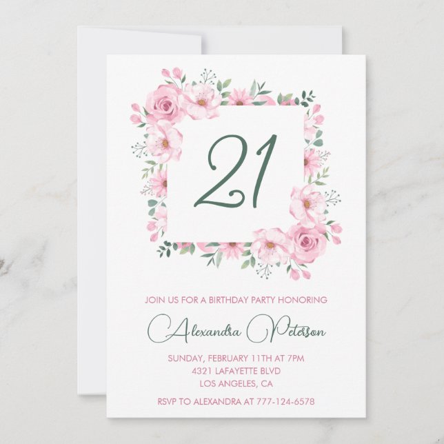 21 invitaciones de cumpleaños Floral Elegant Pink (Anverso)