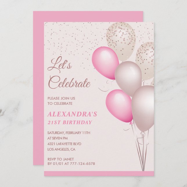 21 invitaciones de cumpleaños Globos Pink Confetti (Anverso / Reverso)