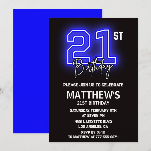 21 invitaciones de cumpleaños Men Sport Neon (Anverso / Reverso)