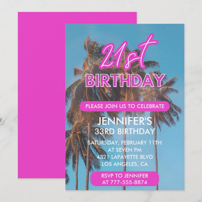 21 invitaciones de cumpleaños Pink Tropical (Anverso / Reverso)