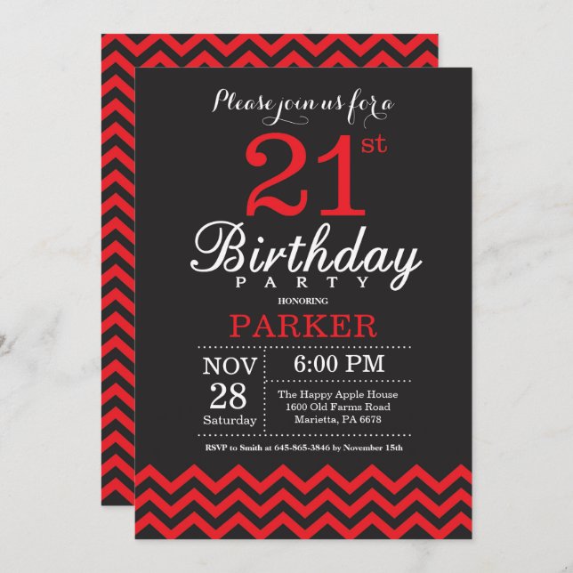 21ro Negro y rojo de la invitación del cumpleaños (Anverso / Reverso)