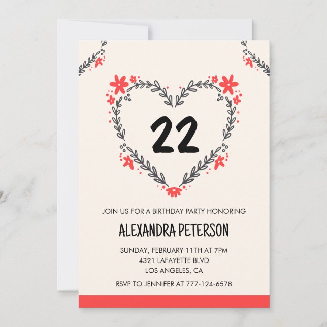 22 invitaciones de cumpleaños para su corazón flor (Anverso)
