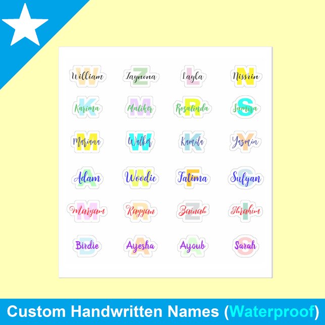 24 nombres de monogramas transparentes, Pegatinas  (Personalized Modern Colorful Waterproof Name Stickers)