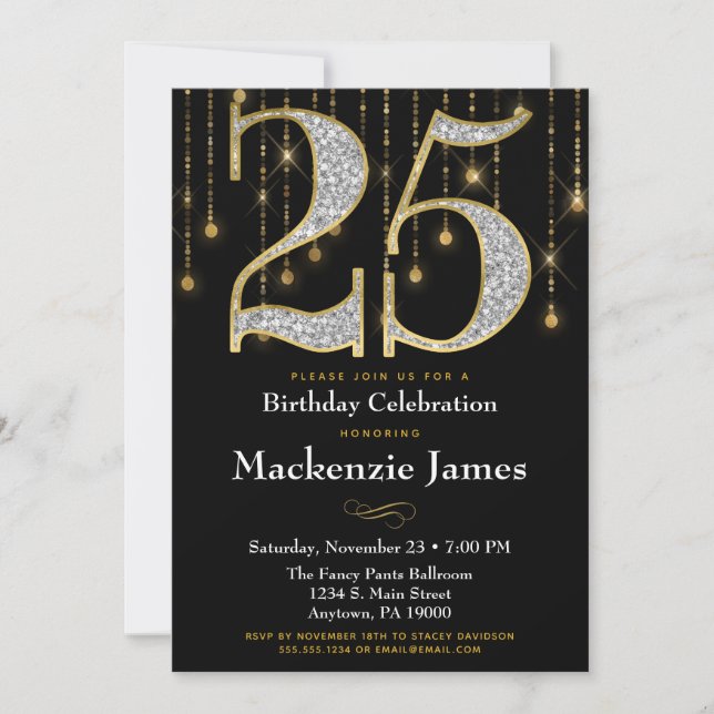 25.ª invitación de cumpleaños Diamantes de oro neg (Anverso)