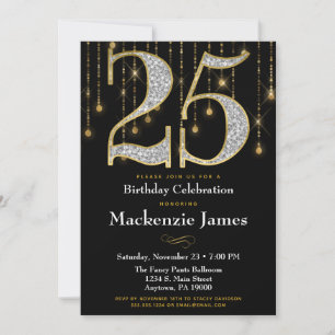 25.ª invitación de cumpleaños Diamantes de oro neg