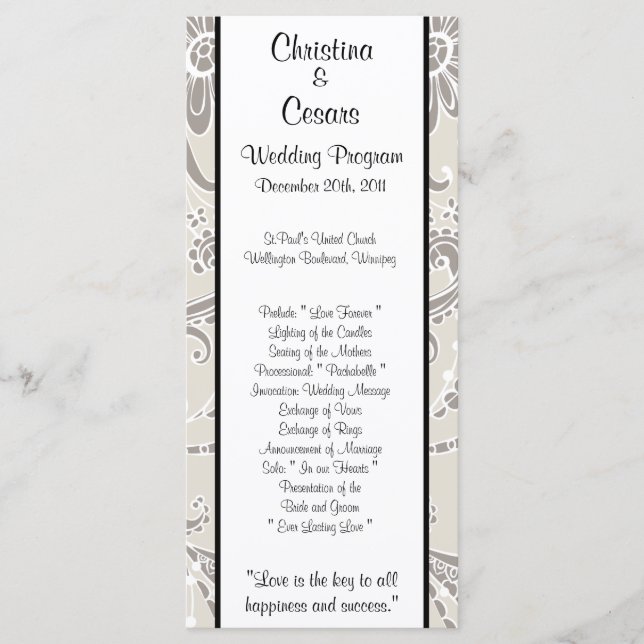 25 4 x 9 Programa de Bodas Gris Flourish Swirls (Anverso)