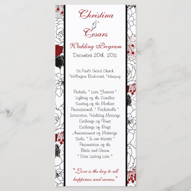 25 4 x 9 Programa de matrimonio Flores negras hoja (Anverso)