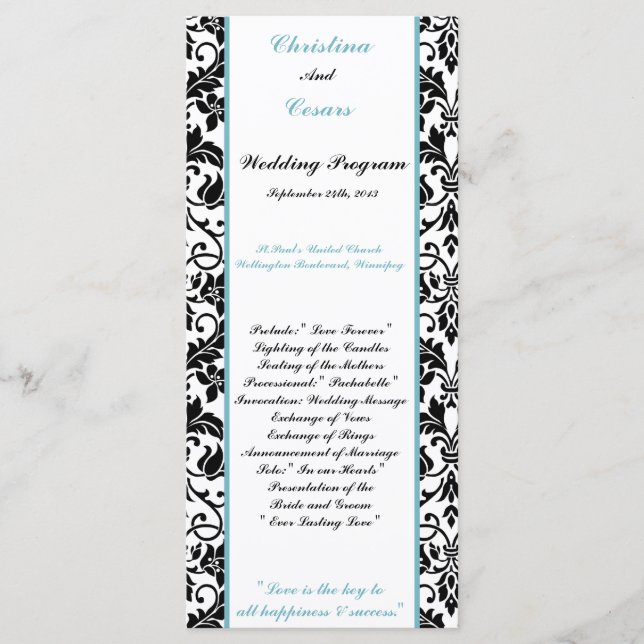 25 4x9 Programa de Boda Damasco Negro Bebé Azul (Anverso)