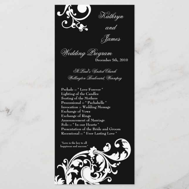25 4x9 Programa de Boda Floral Blanco Negro Filigr (Anverso)