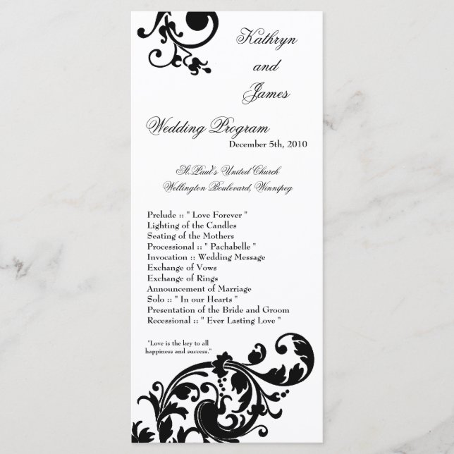 25 4x9 Programa de Boda Floral Blanco Negro Filigr (Anverso)