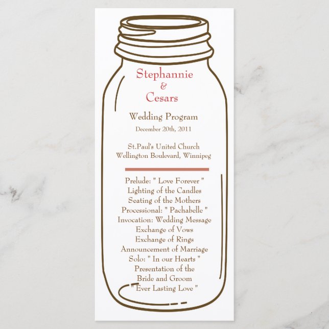 25 4x9 Programa de Boda Mason Jar Rosa/Marrón (Anverso)