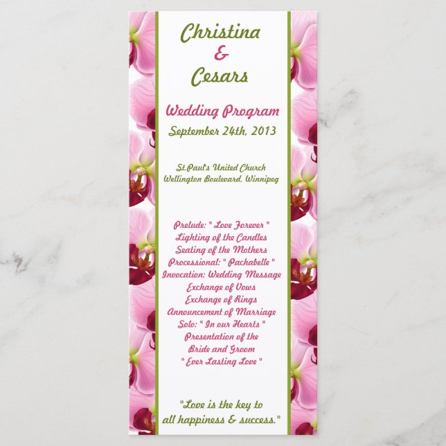 25 4x9 Programa de Boda Orquídea Rosa Larga Flor (Anverso)