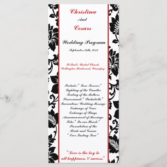 25 4x9 Programa de Bodas Black Flourish Red Stripe (Anverso)
