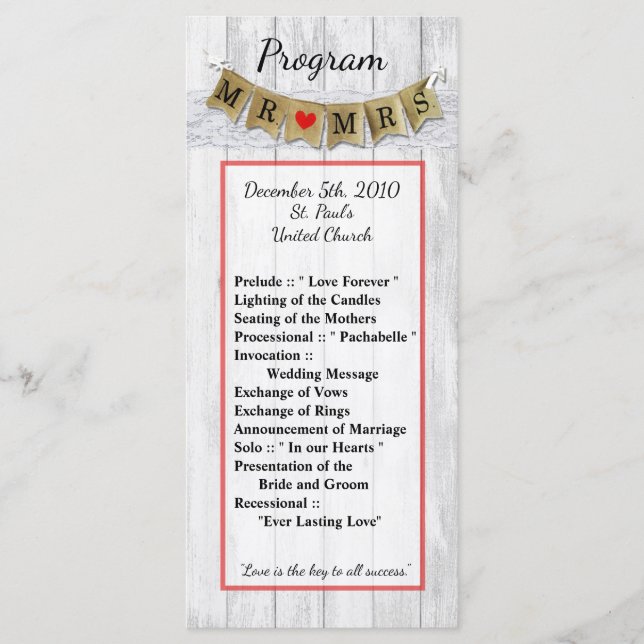 25 4x9 Programa de bodas Burlap Mr. y Mrs. Banner (Anverso)