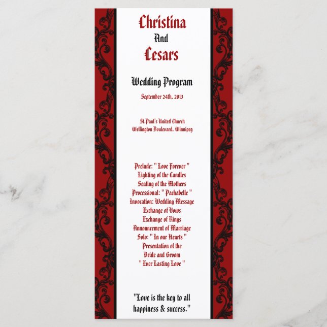 25 4x9 Programa de Bodas Crimson Red Ornate Embell (Anverso)