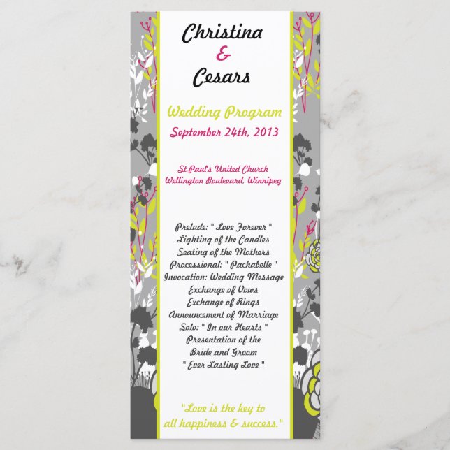25 4x9 Programa de Bodas Flor Lime Verde/Rosa Cali (Anverso)