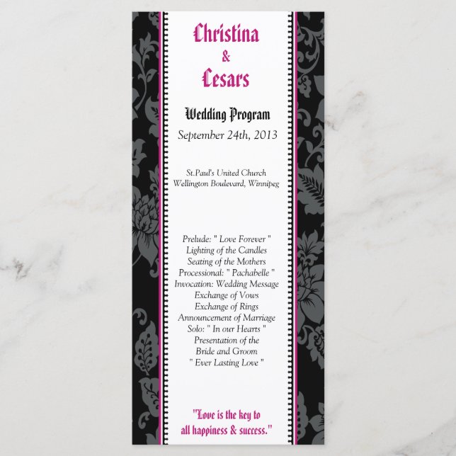 25 4x9 Programa de Bodas Floral Negro Tira rosa ca (Anverso)
