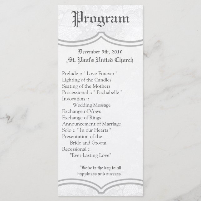 25 4x9 Programa de bodas Impresión de encaje blanc (Anverso)
