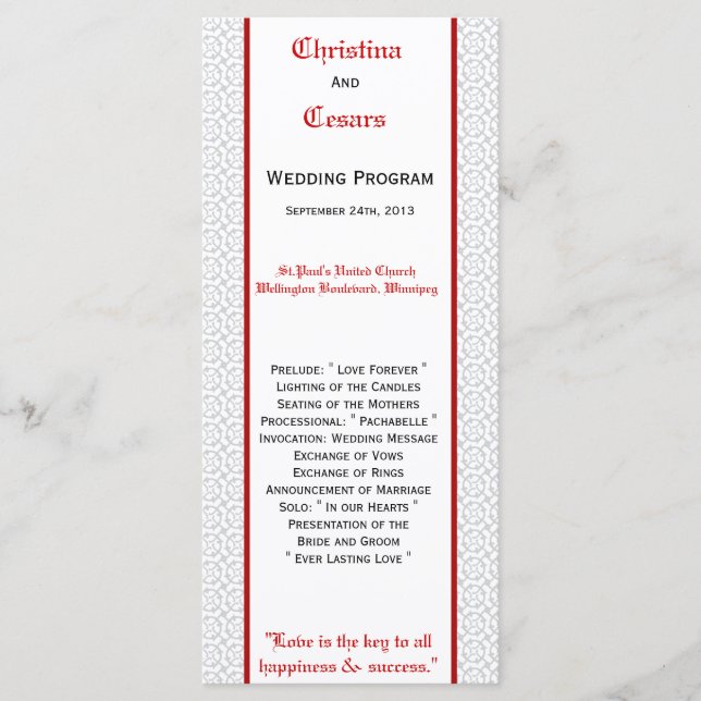 25 4x9 Programa de bodas Impresión formal Gris Roj (Anverso)
