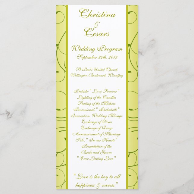 25 4x9 Programa de Bodas Lime Green Pear Swirls (Anverso)