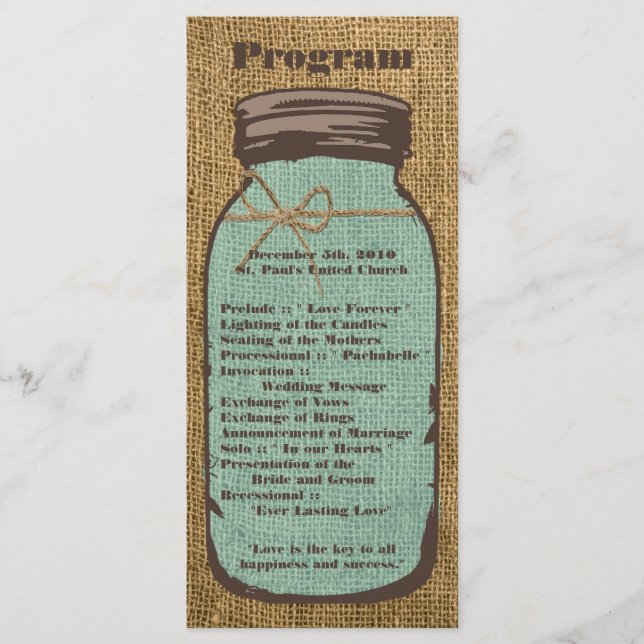 25 4x9 Programa de Bodas Mason Jar Burlap País (Anverso)