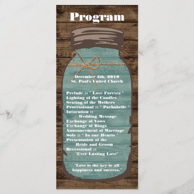 25 4x9 Programa de Bodas Mason Jar Wood Country (Anverso)