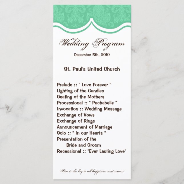25 4x9 Programa de Bodas Mint Gree Lace blanco Dam (Anverso)