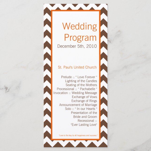 25 4x9 Programa de Bodas Naranja Brown Chevron (Anverso)