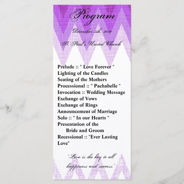 25 4x9 Programa de Bodas Ombre Púrpura Chevron (Anverso)