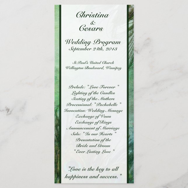 25 4x9 Programa de Bodas Pájaros Verdes Peacock (Anverso)