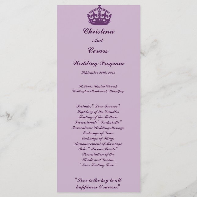 25 4x9 Programa de Bodas Royal Purple Crown/Swirls (Anverso)