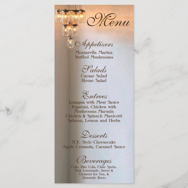 25 Cartas De Menú Mason Jar Chandelier Velas Rusti (Anverso)