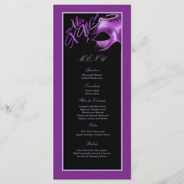 25 Cartas De Menú Mis XV Fiesta Negro Lilac Púrpur (Anverso)