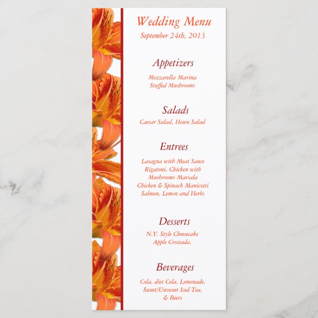 25 Cartas de menú Naranja Tiger Lilly con rayas Ye (Anverso)