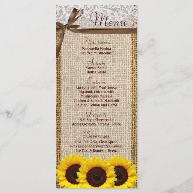 25 Cartas De Menú Sunflower Lace Burlap Country Rú (Anverso)
