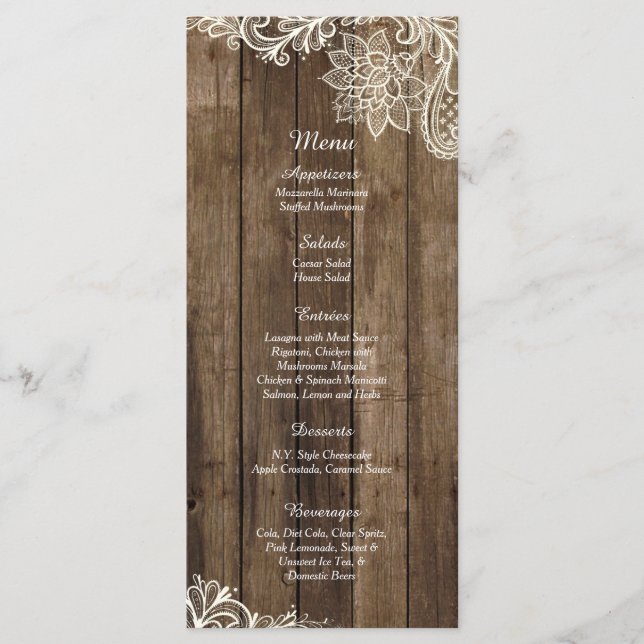 25 Cartas Rustic Wood Lace Country Wedding Menu (Anverso)