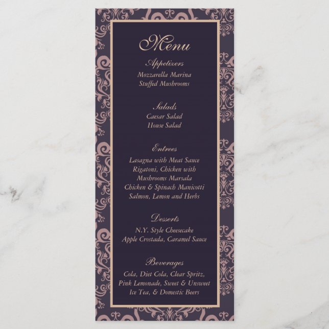 25 Menú Boda de encaje de Damasco Morado (Anverso)