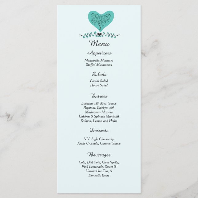 25 tarjetas de menú Blue Tree and Heart Reception (Anverso)
