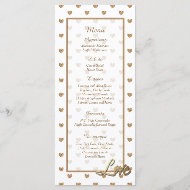 25 tarjetas de menú Boda Gold Love Hearts (Anverso)