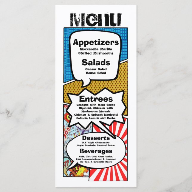 25 tarjetas de menú Comic Strip Book Pop Art Perso (Anverso)